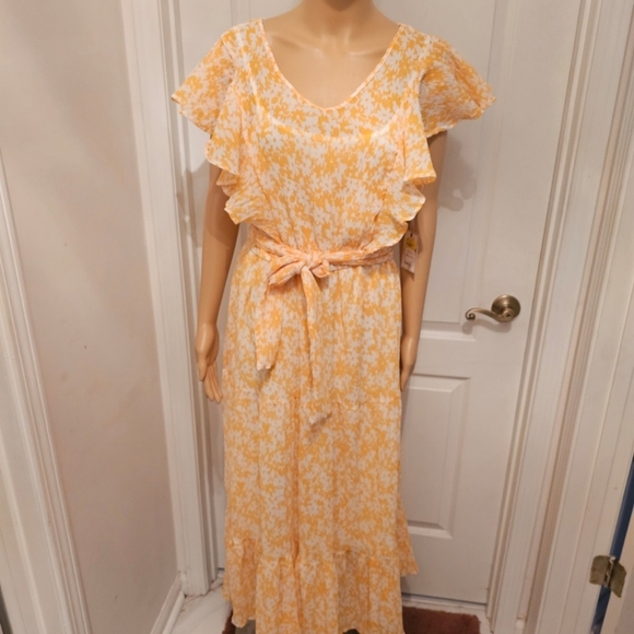 Fairhaven Dresses & Skirts - Flutter-Sleeve Yellow Floral Maxi Dress with Tie Waist